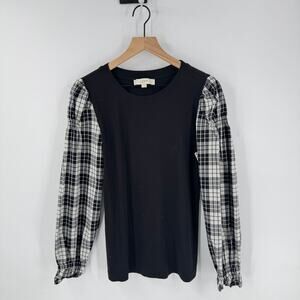 LOFT Black Ribbed Knit Top with Plaid Puff Sleeves Women’s Long Sleeve Shirt L